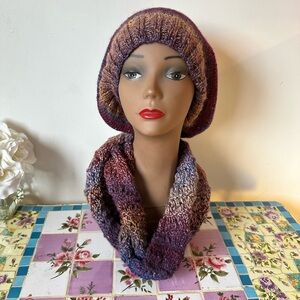 Artisan Boho Purple Ombré Gold Metallic Knit Multicolor Knit Hat and Scarf Set